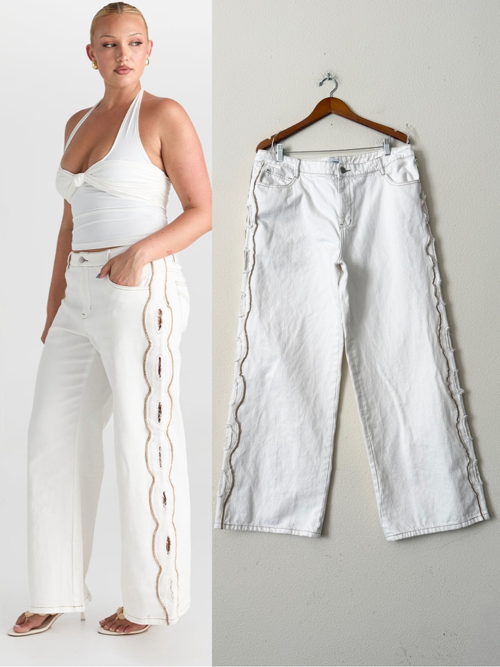 Sasha Therese XXL Cairo low rise cut out side detail wide leg jeans in white